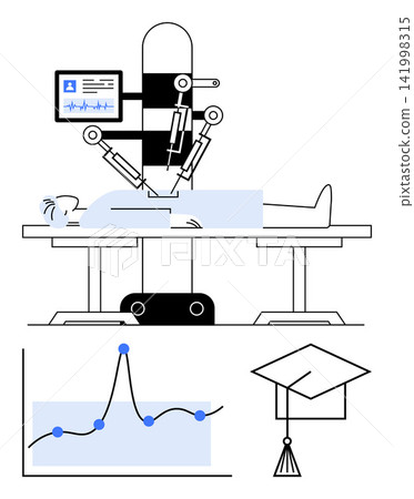 Robotic surgery, medical technology, data analysis, healthcare innovation, education, research. Robot operating on patient, chart showing data graduation cap. Robotic surgery and medical technology Robotic surgery, medical technology, data analysis, healthcare innovation, education, research. Robot operating on patient, chart showing data graduation cap. Robotic surgery and medical technology 141998315