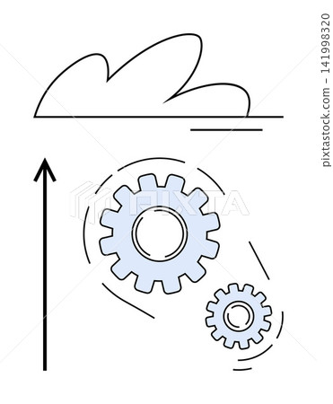 Cloud technology, business processes, productivity, innovation, digital transformation, technical optimization. A cloud icon above two gears and an upward arrow. Cloud technology and technical 141998320