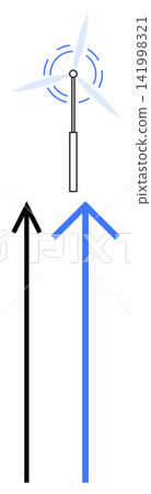 Renewable energy, sustainability, direction indicators, environmental awareness, energy generation, clean power. Illustration of a wind turbine and upward arrows. Renewable energy and sustainability 141998321