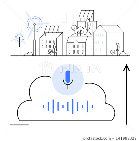 Smart cities, renewable energy, data analysis, cloud computing, IoT, urban development. Cityscape with solar panels and wind turbines. Smart cities and renewable energy concept Smart cities, renewable energy, data analysis, cloud computing, IoT, urban development. Cityscape with solar panels and wind turbines. Smart cities and renewable energy concept 141998322