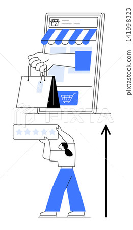 E-commerce, online shopping, customer reviews, growth analytics, digital business, user feedback. Mobile storefront with hand holding shopping bags, person holding star rating. E-commerce 141998323