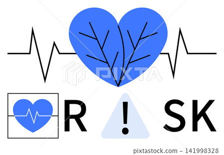 Healthcare, risk analysis, emergency response, medical research, warning systems, cardiac care. Blue heart with ECG line and warning triangle highlights potential health risks. Healthcare and risk Healthcare, risk analysis, emergency response, medical research, warning systems, cardiac care. Blue heart with ECG line and warning triangle highlights potential health risks. Healthcare and risk 141998328