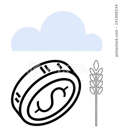 Agriculture, economic growth, financial investment, sustainability, climate change, productivity. A coin, a wheat stalk and a cloud. Agriculture and economic growth concepts 141998334