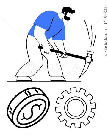 Blockchain technology, cryptocurrency mining, digital finance, economic innovation, fintech solutions, decentralized economy. Man using pickaxe near coin and gear. Cryptocurrency mining Blockchain technology, cryptocurrency mining, digital finance, economic innovation, fintech solutions, decentralized economy. Man using pickaxe near coin and gear. Cryptocurrency mining 141998335
