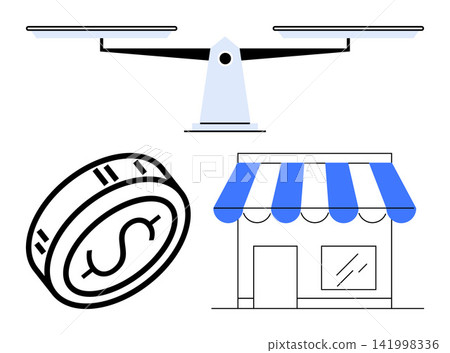 Economic balance, business finance, small businesses, trade, financial growth, commerce. Coin, balance scale and storefront in clean minimalist style. s economic balance and business finance Economic balance, business finance, small businesses, trade, financial growth, commerce. Coin, balance scale and storefront in clean minimalist style. s economic balance and business finance 141998336