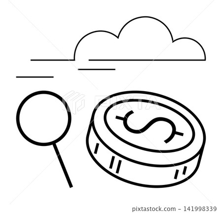 Financial technology, cloud computing, online transaction, virtual currency, data analysis, economy. Line art of a dollar coin with a magnifier and cloud. Financial technology and cloud computing 141998339