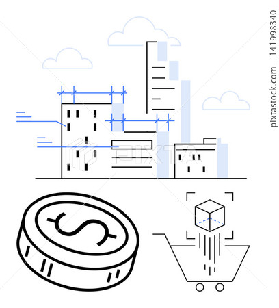 Smart cities, fintech, e-commerce, investment, urban development, digital transformation. Modern cityscape, dollar coin and data cube in a shopping cart. Smart cities and fintech concepts Smart cities, fintech, e-commerce, investment, urban development, digital transformation. Modern cityscape, dollar coin and data cube in a shopping cart. Smart cities and fintech concepts 141998340