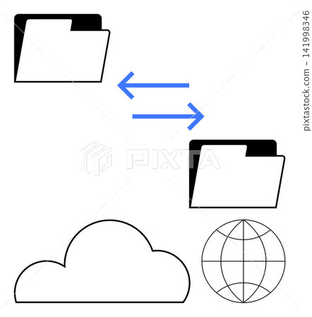 Data sharing, cloud storage, file transfer, digital communication, online systems, global access. Two folders connected by arrows, cloud and globe icons. Data sharing and cloud storage concept 141998346