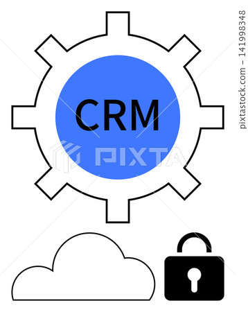 Customer relationship management, data security, cloud computing, business solutions, cybersecurity, software integration. A gear labeled CRM with a cloud and lock icon. CRM and data security concept 141998348