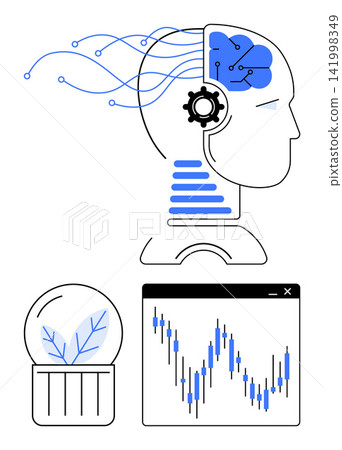 Artificial intelligence, machine learning, data analysis, automation, innovation, technology. Human head with brain, neural connections a plant in a globe and a data graph. AI and data analysis 141998349