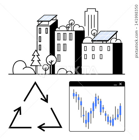 Renewable energy, eco-friendly city planning, green investments, sustainability, recycling, financial growth. Urban buildings with solar panels, recycling symbol and stock chart. Renewable energy Renewable energy, eco-friendly city planning, green investments, sustainability, recycling, financial growth. Urban buildings with solar panels, recycling symbol and stock chart. Renewable energy 141998350