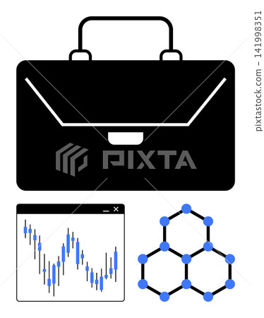Financial analysis, business strategy, data visualization, investment, innovation, and research. Black briefcase, stock market chart and molecule structure symbols. Financial analysis and business Financial analysis, business strategy, data visualization, investment, innovation, and research. Black briefcase, stock market chart and molecule structure symbols. Financial analysis and business 141998351