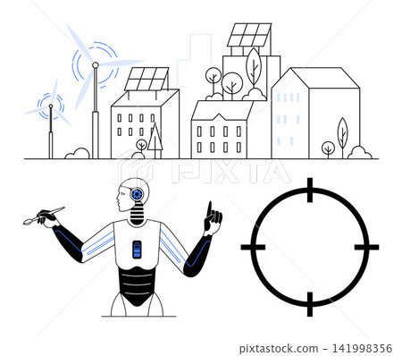 Renewable energy, AI innovation, smart cities, sustainable solutions, automation, technology trends. A robot with tools, buildings with solar panels wind turbines and a focus symbol. Renewable Renewable energy, AI innovation, smart cities, sustainable solutions, automation, technology trends. A robot with tools, buildings with solar panels wind turbines and a focus symbol. Renewable 141998356