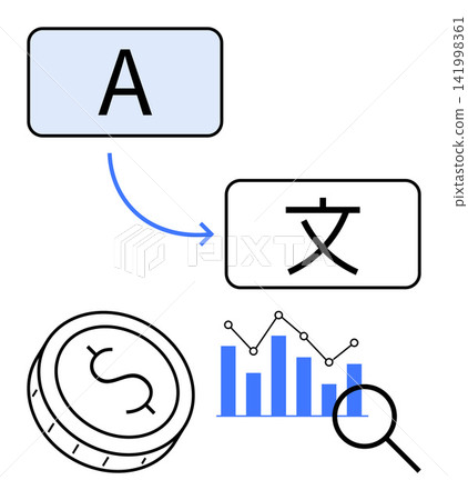 Translation services, globalization, financial analysis, market trends, currency exchange, economic growth. Coin, graph magnifying glass and language symbols on a white background. Translation Translation services, globalization, financial analysis, market trends, currency exchange, economic growth. Coin, graph magnifying glass and language symbols on a white background. Translation 141998361