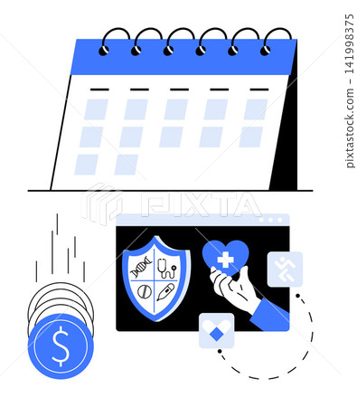 Healthcare planning, insurance coverage, financial security, digital tools, time management, budgeting. Calendar, coins shield symbol healthcare icons. Healthcare planning and insurance coverage Healthcare planning, insurance coverage, financial security, digital tools, time management, budgeting. Calendar, coins shield symbol healthcare icons. Healthcare planning and insurance coverage 141998375
