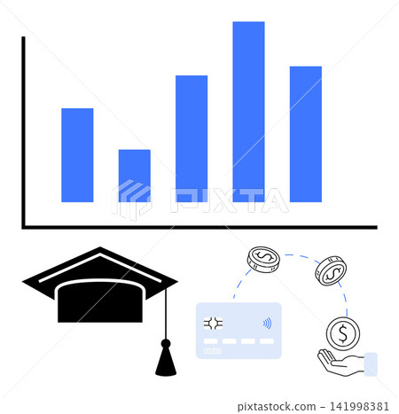 Education, student loans, financial aid, cost analysis, budgeting, higher education. Bar graph, graduation cap bank card coins helping hand. Education and student loans concept 141998381