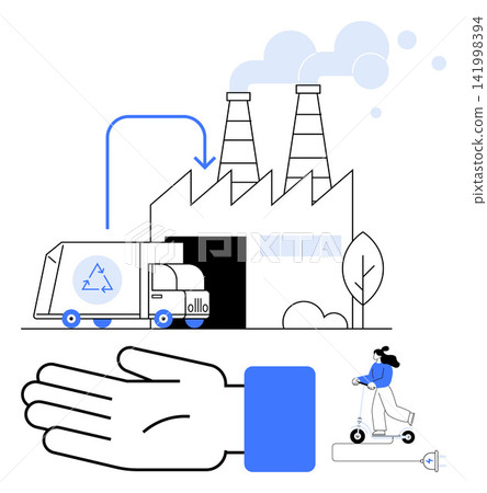 Sustainability, renewable energy, waste reduction, eco transportation, environmental awareness, green economy. Factory with chimneys, recycling truck hand and electric scooter. Sustainability 141998394