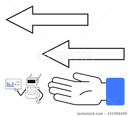 Artificial intelligence, human-robot interaction, data sharing, teamwork, innovation, progress. Robot showing chart, arrows and human hand. AI and human-robot interaction concept Artificial intelligence, human-robot interaction, data sharing, teamwork, innovation, progress. Robot showing chart, arrows and human hand. AI and human-robot interaction concept 141998409