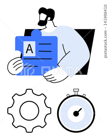 Workflow systems, productivity tools, team management, efficiency, problem-solving, task prioritization. Person holding puzzle piece with letters gear and timer below. Productivity tools Workflow systems, productivity tools, team management, efficiency, problem-solving, task prioritization. Person holding puzzle piece with letters gear and timer below. Productivity tools 141998410