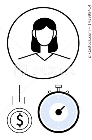Productivity, financial planning, time tracking, project management, decision making, personal growth. Female figure, stopwatch and falling coin . Productivity and financial planning Productivity, financial planning, time tracking, project management, decision making, personal growth. Female figure, stopwatch and falling coin . Productivity and financial planning 141998414