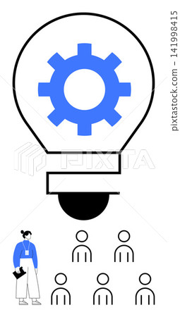 Innovation, teamwork, leadership, brainstorming, business strategies, growth. Large lightbulb with a gear symbol inside. Woman holding papers facing team. Innovation and teamwork concept Innovation, teamwork, leadership, brainstorming, business strategies, growth. Large lightbulb with a gear symbol inside. Woman holding papers facing team. Innovation and teamwork concept 141998415