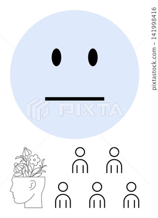 Mental health, emotional well-being, personal growth, social connection, community, self-reflection. Expressionless face, head with flowers group of people icons. Emotional well-being and personal 141998416