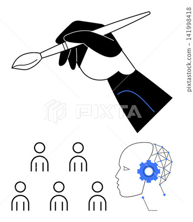 Art creativity, artificial intelligence, teamwork, innovation, technology, cognitive development. Black hand with brush, group of people robotic head with gear. Art creativity and artificial Art creativity, artificial intelligence, teamwork, innovation, technology, cognitive development. Black hand with brush, group of people robotic head with gear. Art creativity and artificial 141998418