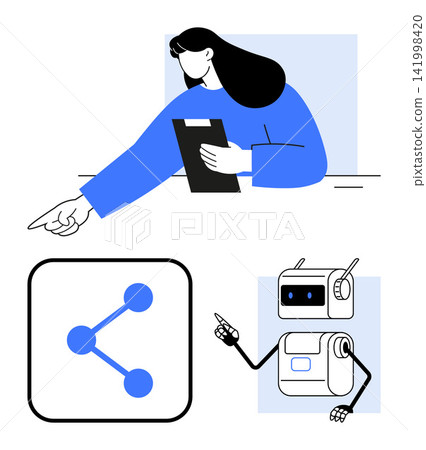 Technology, artificial intelligence, networking, communication, robotics, digital collaboration. Woman with clipboard pointing, network icon robot illustration. Technology and artificial Technology, artificial intelligence, networking, communication, robotics, digital collaboration. Woman with clipboard pointing, network icon robot illustration. Technology and artificial 141998420