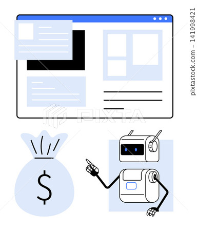 Financial technology, e-commerce, automation, AI systems, online transactions, digital interface. Diagram of a robot, money bag and user interface. Financial technology and e-commerce advancements 141998421
