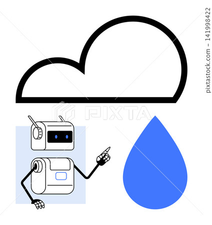 Cloud technology, sustainability, eco-friendly innovation, artificial intelligence, resource conservation, data storage. Robot gesturing at a cloud and water drop. Cloud technology and sustainability Cloud technology, sustainability, eco-friendly innovation, artificial intelligence, resource conservation, data storage. Robot gesturing at a cloud and water drop. Cloud technology and sustainability 141998422