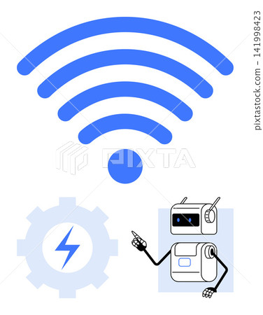 Technology, automation, wireless communication, robotics, internet connectivity, innovation. wireless symbol, gear icon with bolt robot character holding a pointer. Wireless communication Technology, automation, wireless communication, robotics, internet connectivity, innovation. wireless symbol, gear icon with bolt robot character holding a pointer. Wireless communication 141998423