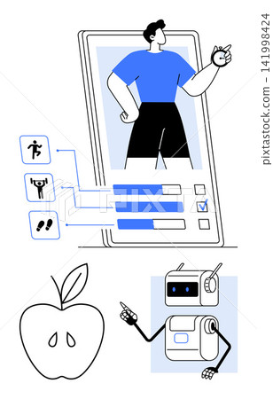 Health tracking, fitness apps, AI technology, nutrition insights, personal wellness, activity monitoring. A fitness interface showing an individual with progress data, an apple symbol, and a robot Health tracking, fitness apps, AI technology, nutrition insights, personal wellness, activity monitoring. A fitness interface showing an individual with progress data, an apple symbol, and a robot 141998424