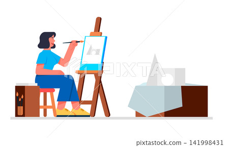 Female artist painting a still life on canvas in studio 141998431