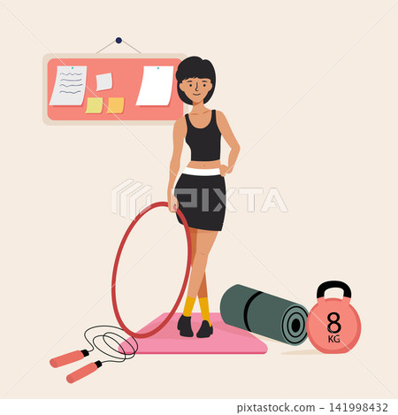 Woman exercising with hula hoop and kettlebell at home Woman exercising with hula hoop and kettlebell at home 141998432