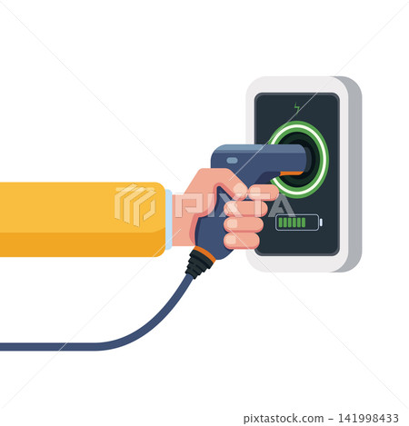 Hand plugging electric vehicle charger into charging station Hand plugging electric vehicle charger into charging station 141998433