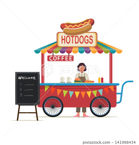 Street food cart with hotdogs and coffee vendor illustration Street food cart with hotdogs and coffee vendor illustration 141998434