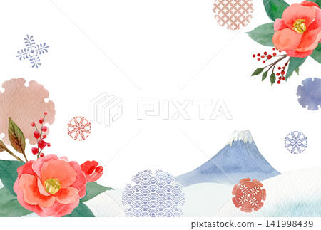Watercolor illustration of a red camellia flower and a frame depicting Mount Fuji. Watercolor illustration of a red camellia flower and a frame depicting Mount Fuji. 141998439