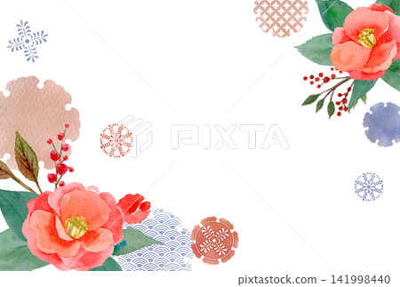 Red camellia flower frame - watercolor illustration Red camellia flower frame - watercolor illustration 141998440