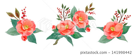 Red Camellia and Nandina - Watercolor Illustration Set Red Camellia and Nandina - Watercolor Illustration Set 141998442