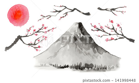 Watercolor painting of Mount Fuji and sunrise, plum branches, in an ink painting style. Watercolor painting of Mount Fuji and sunrise, plum branches, in an ink painting style. 141998448