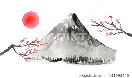 Watercolor painting of Mount Fuji and sunrise, plum branches, in an ink painting style. Watercolor painting of Mount Fuji and sunrise, plum branches, in an ink painting style. 141998449