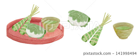 Watercolor paintings of kashiwa mochi, chimaki, and matcha Watercolor paintings of kashiwa mochi, chimaki, and matcha 141998494