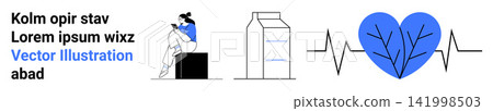 Wellness, self-care, nutritional balance, medical , heart health, diet. A person sits beside a carton, a blue heart with arteries and a heartbeat line. Wellness and self-care ideas in design Wellness, self-care, nutritional balance, medical , heart health, diet. A person sits beside a carton, a blue heart with arteries and a heartbeat line. Wellness and self-care ideas in design 141998503