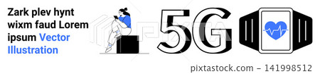 5G technology, smart health devices, digital communication, mobile tech, wearable innovation, remote monitoring. Person using a smartphone, 5G text heart rate on a smartwatch. Connectivity and smart 141998512