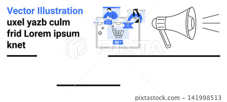 E-commerce, online shopping, digital marketing, customer engagement, retail, consumer behavior. Shopping cart on a screen and a megaphone displayed. E-commerce and online shopping theme E-commerce, online shopping, digital marketing, customer engagement, retail, consumer behavior. Shopping cart on a screen and a megaphone displayed. E-commerce and online shopping theme 141998513