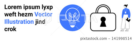 Innovation, security, business identity, professional services, design thinking, digital safety. Blue bulb, padlock and businessperson. Innovation and security concepts illustrated clearly 141998514