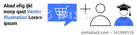 E-commerce, education, digital platforms, online learning, chat tools, user connections. Shopping cart in a chat bubble, person outline graduation cap. E-commerce and education platform concept E-commerce, education, digital platforms, online learning, chat tools, user connections. Shopping cart in a chat bubble, person outline graduation cap. E-commerce and education platform concept 141998516