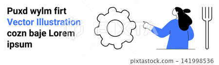 Work processes, teamwork, creativity, problem-solving, innovation, technical concepts. Gear icon, person pointing and sleek text. Work processes and technical concepts illustration Work processes, teamwork, creativity, problem-solving, innovation, technical concepts. Gear icon, person pointing and sleek text. Work processes and technical concepts illustration 141998536