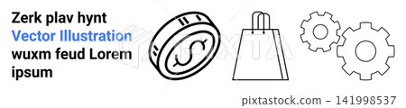 Business, e-commerce, trade, financial systems, shopping trends, innovation. Coin symbol, shopping bag and gears. Business and e-commerce concepts for financial systems and shopping Business, e-commerce, trade, financial systems, shopping trends, innovation. Coin symbol, shopping bag and gears. Business and e-commerce concepts for financial systems and shopping 141998537