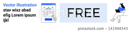 Free content, online learning, accessibility, digital tools, scheduling, time management. Vector graphic with a calendar, FREE text and a woman working on a laptop. Free content and online learning Free content, online learning, accessibility, digital tools, scheduling, time management. Vector graphic with a calendar, FREE text and a woman working on a laptop. Free content and online learning 141998543